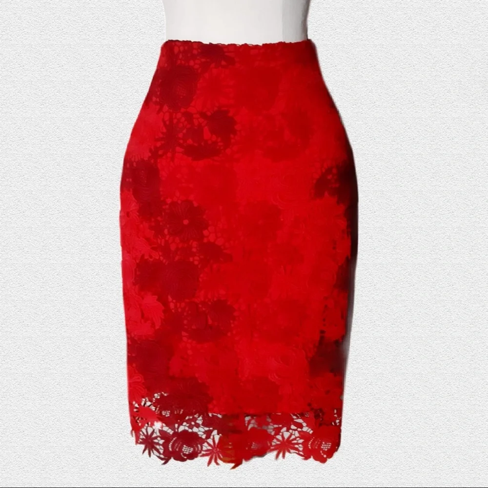 🔥80%OFF🔥SIZE 8 NWT DAVID LAWRENCE Red Zhana Lace Midi Skirt - Picture 2 of 9